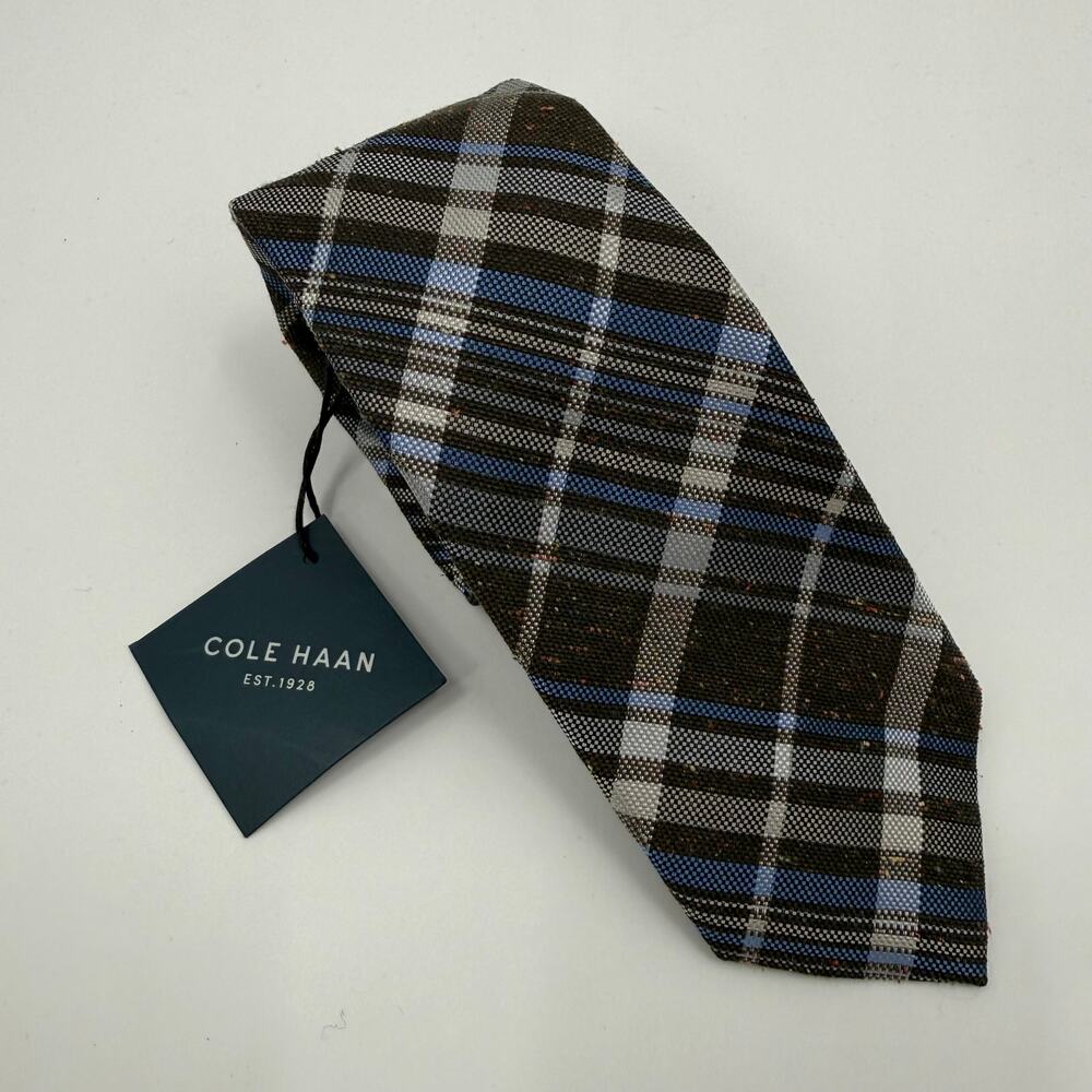 Cole Haan Tie Men’s brown blue plaid 100% silk textured Tweed Menswear Office - Picture 6 of 11